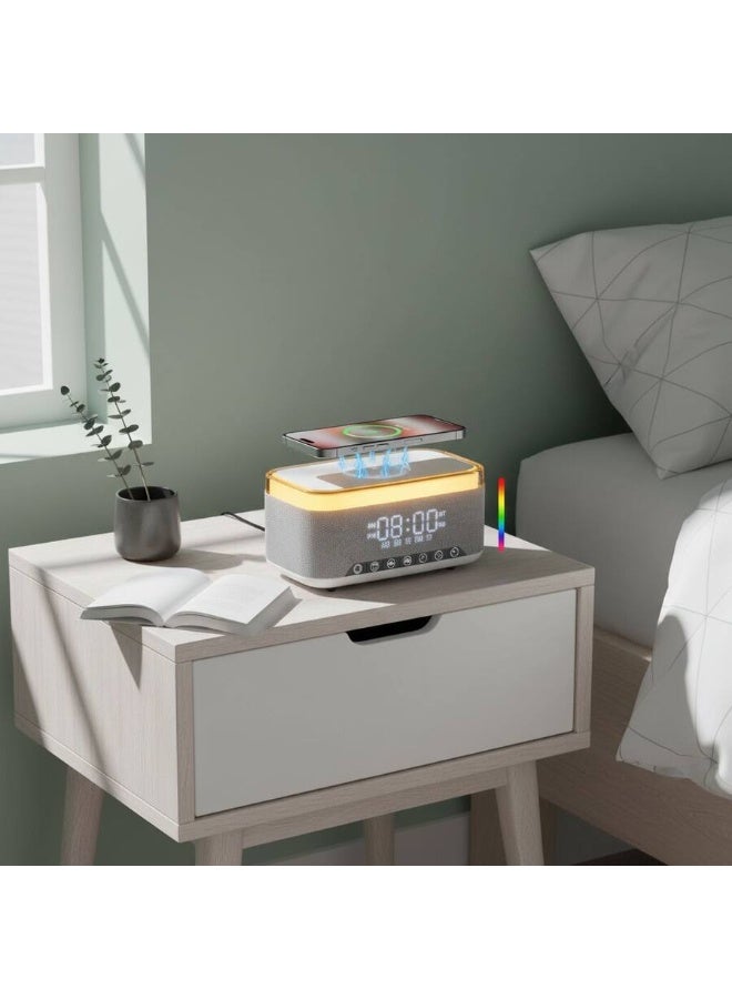The all-in-one bed companion device includes a wireless charger, exceptional speaker, clock, alarm, and colorful LED lighting. - Image 3